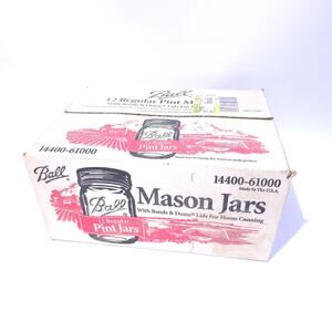 SEALED BOX Vtg Case of 12 BALL PINT MASON JARS W Bands & Dome Lids 14400-61000